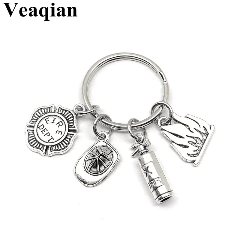 

1pc Metal Flame Charm Fire badge & Fireman Hat & Fire Extinguisher Keychain DIY Creative Alloy Key Chain Hero Gift
