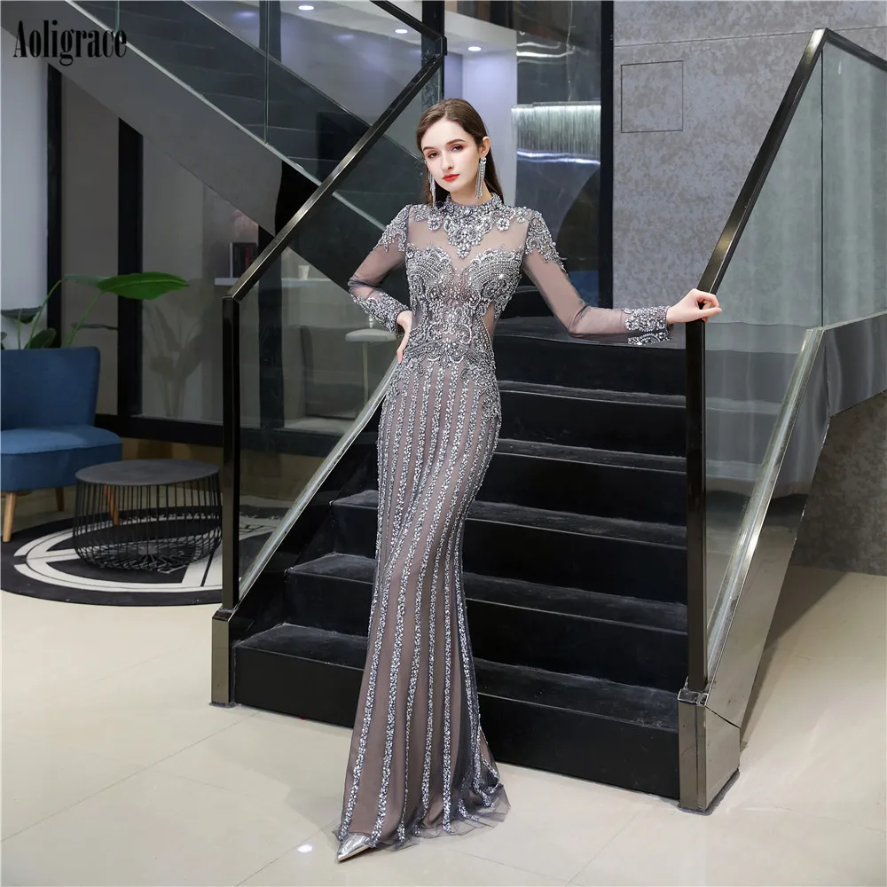 

Luxury Crystals Sheath Evening Gowns Illusion Long Sleeves Sweep Train Beading Formal Party Prom Gowns Modern Vestidos De Fiesta