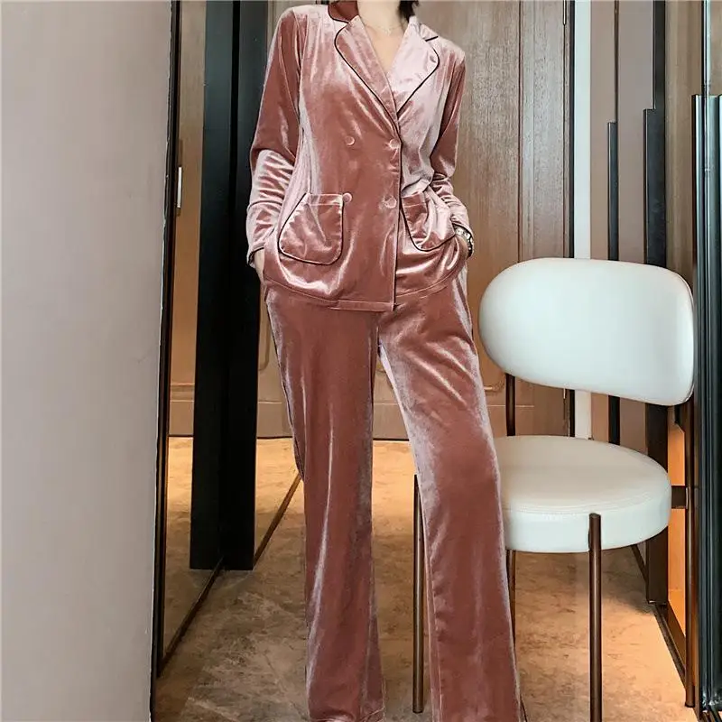 Сексуальные женские велюровые 2 шт топ брюки пижамные комплекты одежда для сна зимняя женская домашняя одежда спальный костюм халат пижамы m-xl - Цвет: Розовый