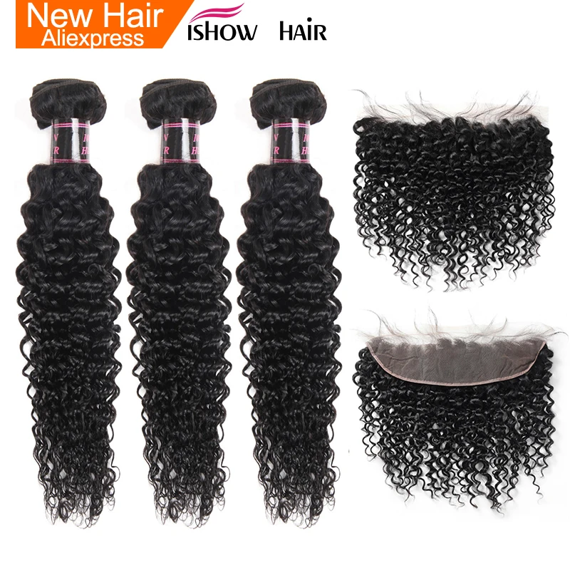

Ishow Malaysian Hair Bundles With Closure Curly Bundles With Frontal Non Remy Human Hair Bundles With Closure 13X4 Lace Frontal