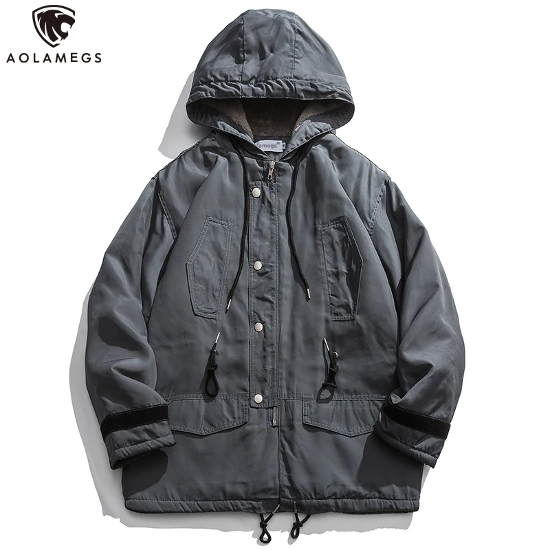 

Aolamegs Winter Jacket Men Plus Velvet Hooded Coat Warm Thick Harajuku Solid Color Button And Zipper All-match Couple Streetwear