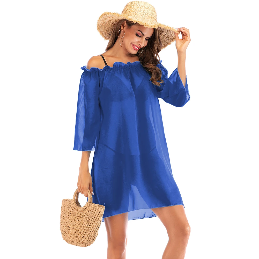 

Women Beach Sarong Pool Swimsuit Ruffle Solid Beachwear Off Shoulder Holiday Cover Up Chiffon Dress Summer Swimwear Casual