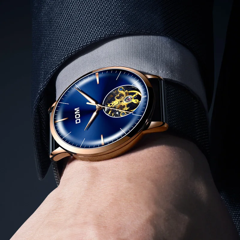 DOM роскошные модные золотые часы с синим циферблатом мужские турбийоном