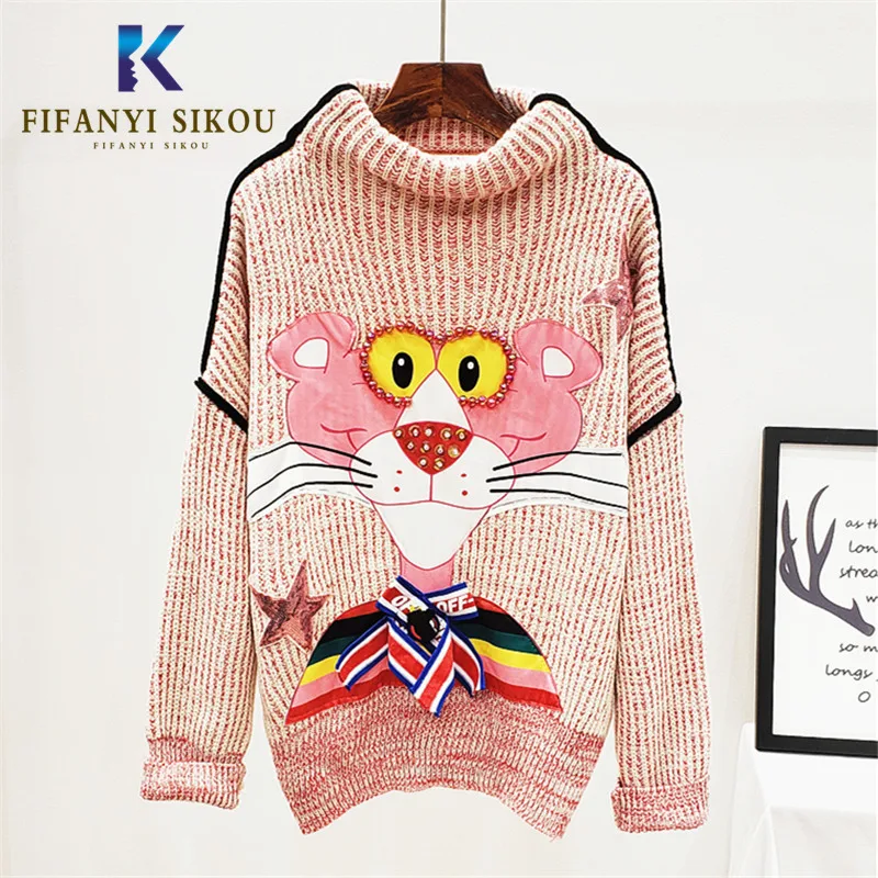 Fashion Cartoon Turtleneck Sweater Women Sequin Beading Long sleeve Pullover Loose Tops Female 2019 Autumn New Knitting Sweter | Женская