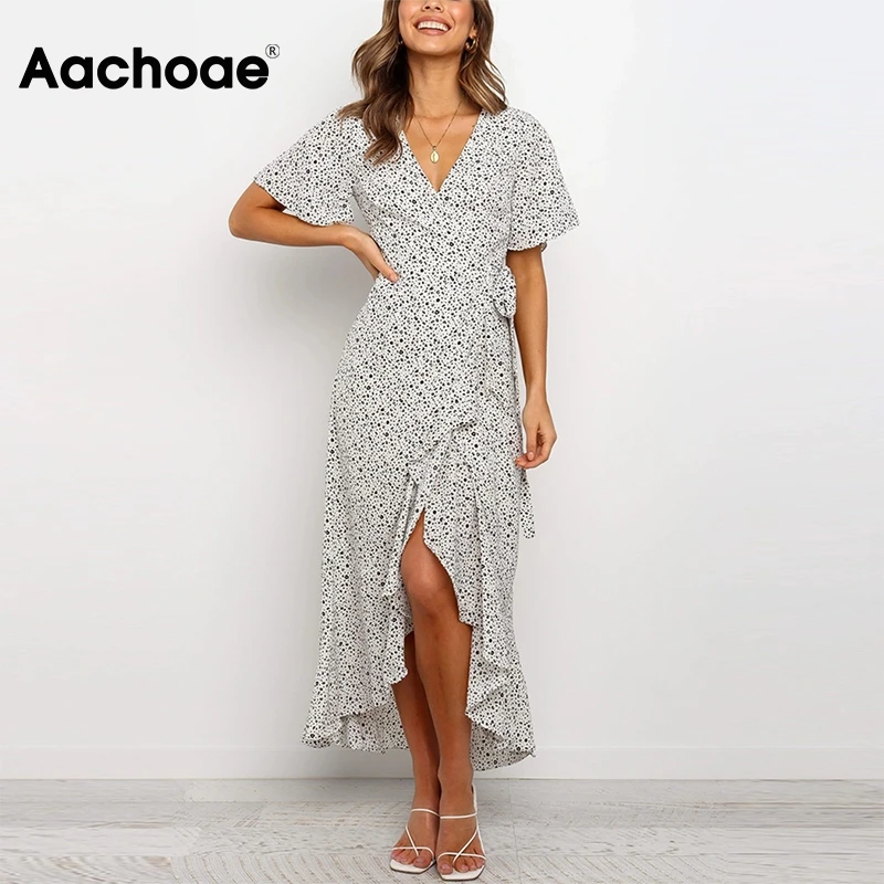 Aachoae Summer Women Printed Long Maxi Dresses 2020 Ruffles Short Sleeve Casual Wrap Dress V Neck Split Boho Beach Dress Vestido Aachoae Summer Women Printed Long Maxi Dresses 2020 Ruffles Short Sleeve Casual Wrap Dress V Neck Split Boho Beach Dress Vestido