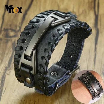Vnox Wide Leather Wristband for Men Stylish Genuine Leather Bangle with Metal Charm Bracelets Punk Male Pulseira