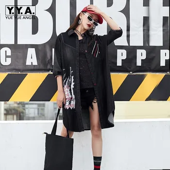 

Spring New Single Breasted Three Quarter Sleeve Womens Denim Shirts High Street Medium Length Printed Loose Female Trench Coats