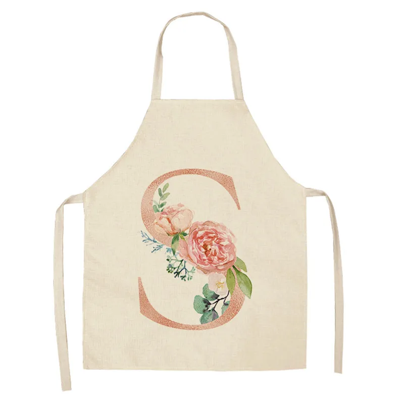 Linen Apron Pink letters Flowers Printed Kitchen Women Baking Waist Bib Home Cooking Brief Sleeveless Pinafore Waist Bib 65*53cm