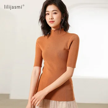 

Women's Half Turtleneck Short Sleeve Knitted Pullover Sweater Slim Basic Knitwear Korea Asian Style Summer Fall Cool Tee