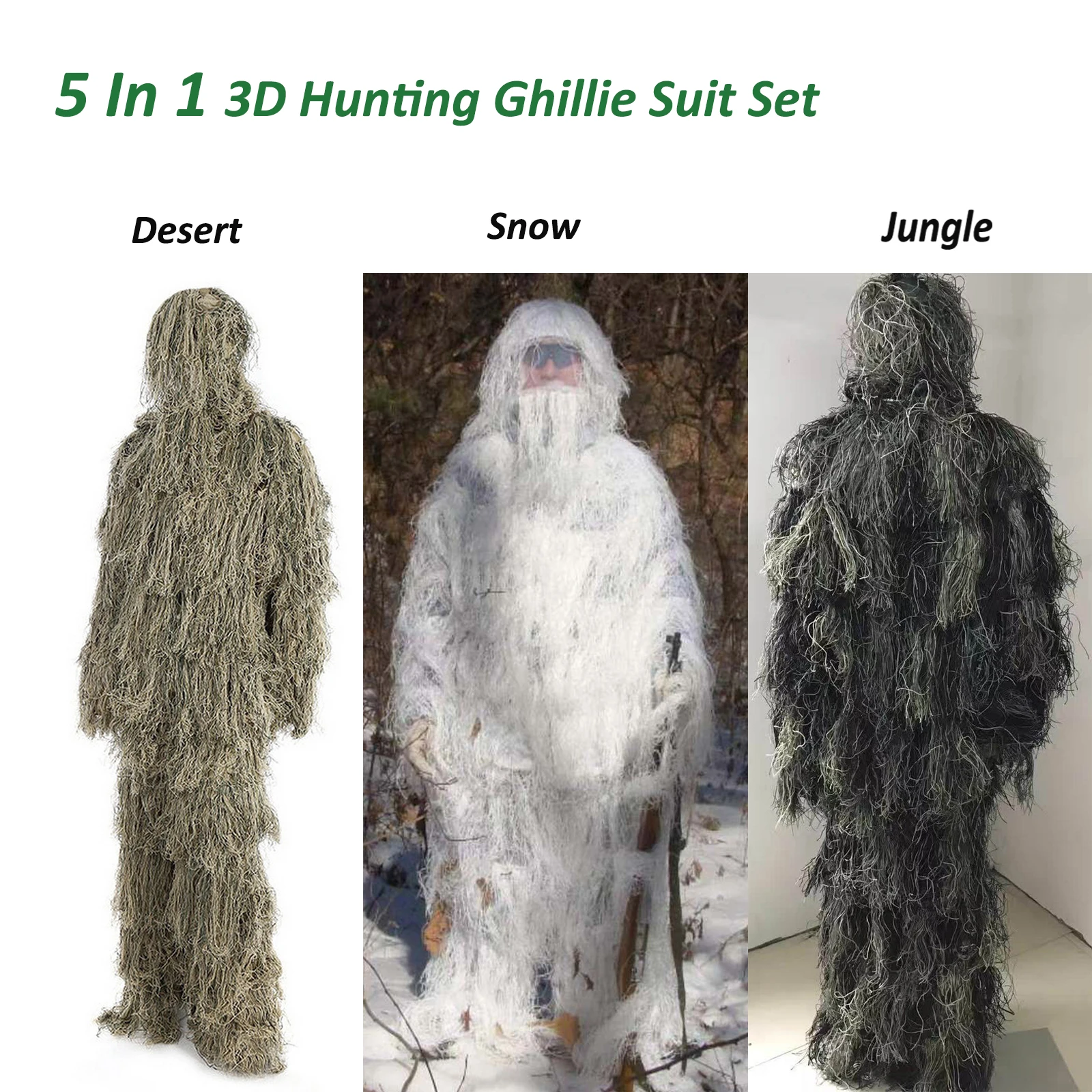 

5 In 1 Geely Suit Set Jungle/Desert/Snow 3D Camouflage Suits Woodland Clothes for Hunting Military Tactical Sniper Bird Watching
