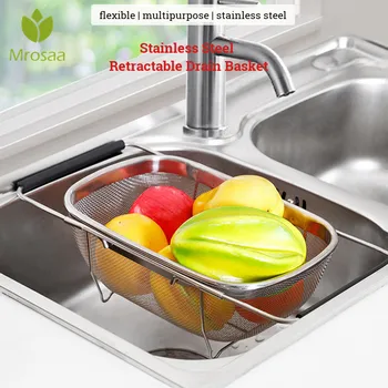 

Kitchen Stainless Steel Retractable Handle Sink Strainer Drain Vegetable Fruit Wash Rice Drainer Basket Rack Storage Filter