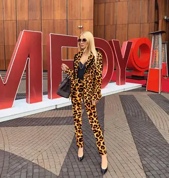 

New Sexy Fall Winter Leopard Print Full Sleeve Blazers +long Pants Suit 2 Piece Set Office Lady Uniform Work Women Matching set