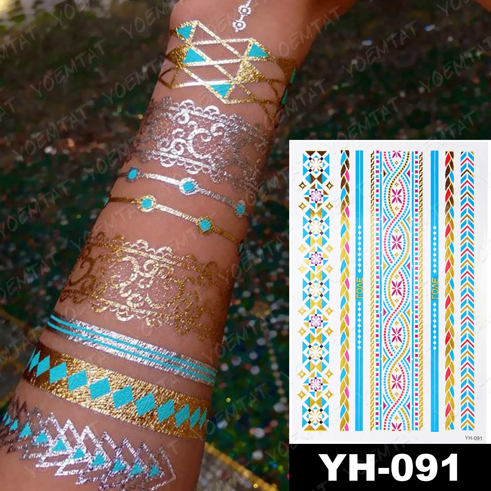 Waterproof Temporary Tattoo Sticker Metal Gold Silver Blue Mandala Bracelet Jewelry Flash Tatto Women Henna Body Art Fake Tatoo