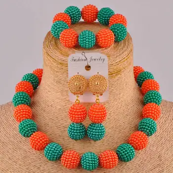 

teal green army green orange african necklace nigerian beads jewelry set simulated pearl costume wedding jewelry sets FZZ97