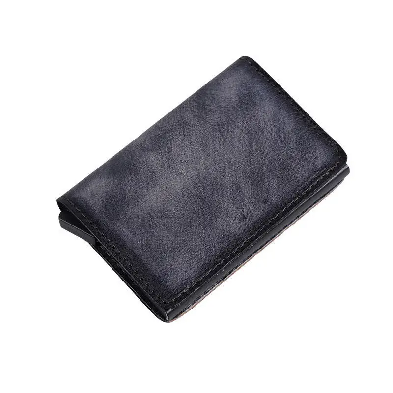 Кредитный держатель для карт Мужской винтажный Автоматический Алюминиевый Rfid кошелек мини кошелек унисекс кожаный защитный чехол для паспорта Умный кошелек - Color: Black Grey