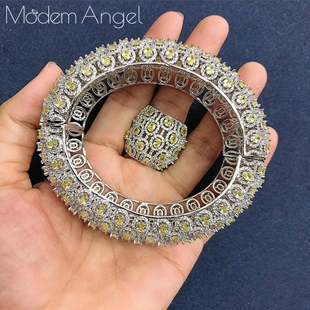 ModemAngel Charms Cubic Zircon All Over Full Bangle Ring 2PCS Jewelry Sets For Women Brand Nigerian Dubai Wedding Jewelry S