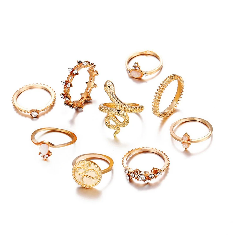 NEW Female Knuckle Midi Ring Vintage Gold Crystal Opal Knuckle Ring Set Bohemian Geometric Snake Cross Finger Glamour Jewelry