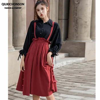 

Vintage Puff Sleeve Shirt and Lace-Up Suspender Skirt 2 Piece Set Cute Outfits for Women Cotton Linen Plus Size Two Piece Sets