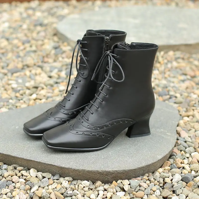 ALLBITEFO hot sale genuine leather sexy women boots high quality ankle boots Autumn Winter Square toe fashion girls shoes