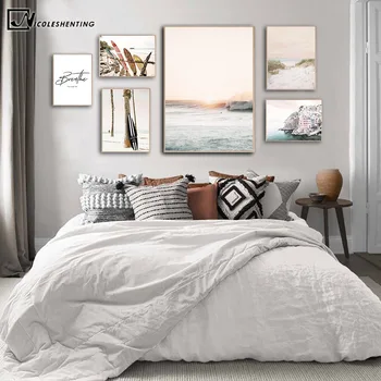 

Tropical Sea Beach Travel Poster Nordic Print Sunset Surfboard Canvas Art Painting Coastal Seascape Picture Home Wall Decoration