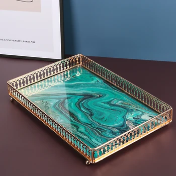 

Art Marble Agate Pattern Tempered Glass Tray Luxury Rectangular Metal Hollow Teacup Pastry Jewelry Storage Tray Home Decoration