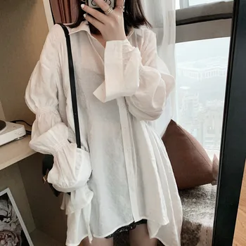 

WOMENGAGA 2020 New Long-sleeve Single-breasted Solid Patchwork Korean Blouse Pleated Turn-down Collar Ruff Sleeve Casual A747