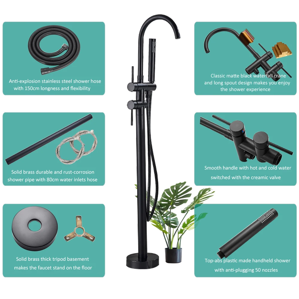 Bathtub Faucet Quyanre Black Bathtub Floor Stand Faucet Mixer Single Handle Mixer Tap 360 Rotation Spout ABS Handshower Bath Shower