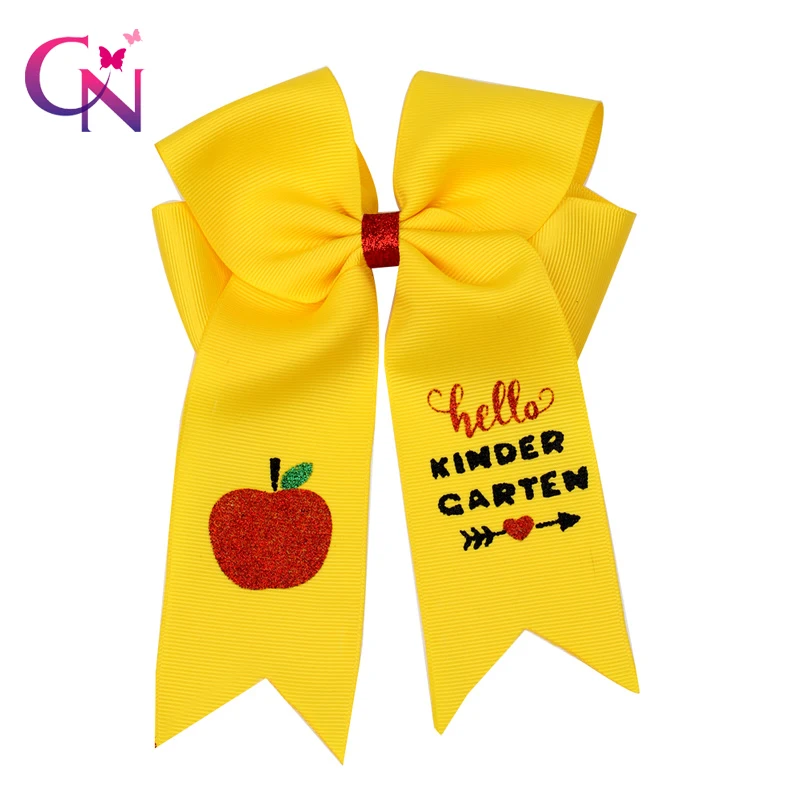 

CN 6Pcs/lot 7" Back To School Cheer Bows With Clips for Girls Glitter Apple Printed Hair Bows Party Cheerleader Hair Accessories