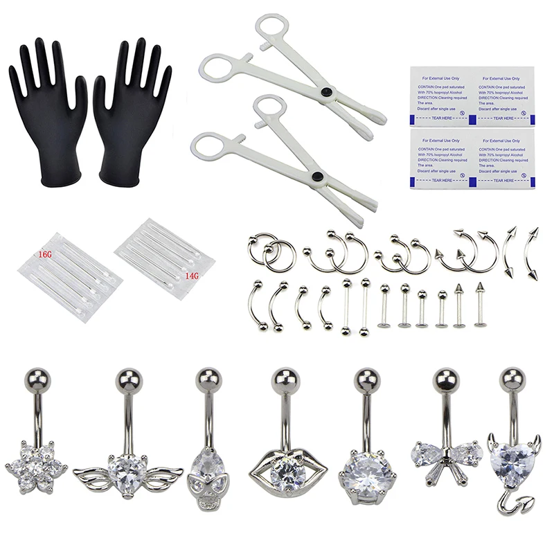 10pcs/41PCS 14G 16G Professional Body Piercing Tools Kit Sterile Belly Ring Needle Sets Cartilage Jewelry | Украшения и