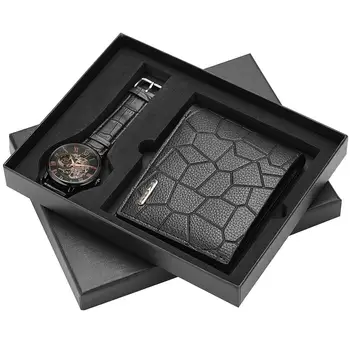 

Trendy Watch Wallet Set for Men, Concise Black Dial Watches for Boyfriends, Practical Leather Wallet for Husband