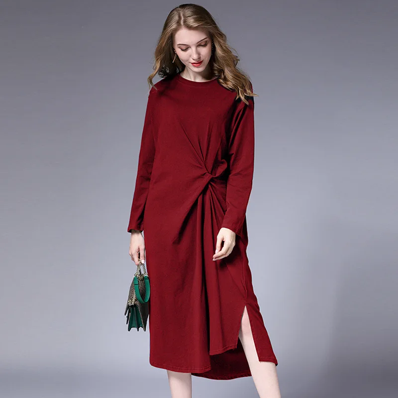 wine red 4 цвета, Осеннее женское свободное трикотажное платье с круглым вырезом, уникальный дизайн, размер XL-4XL черный, зеленый, винный, красный, синий - Цвет: wine red
