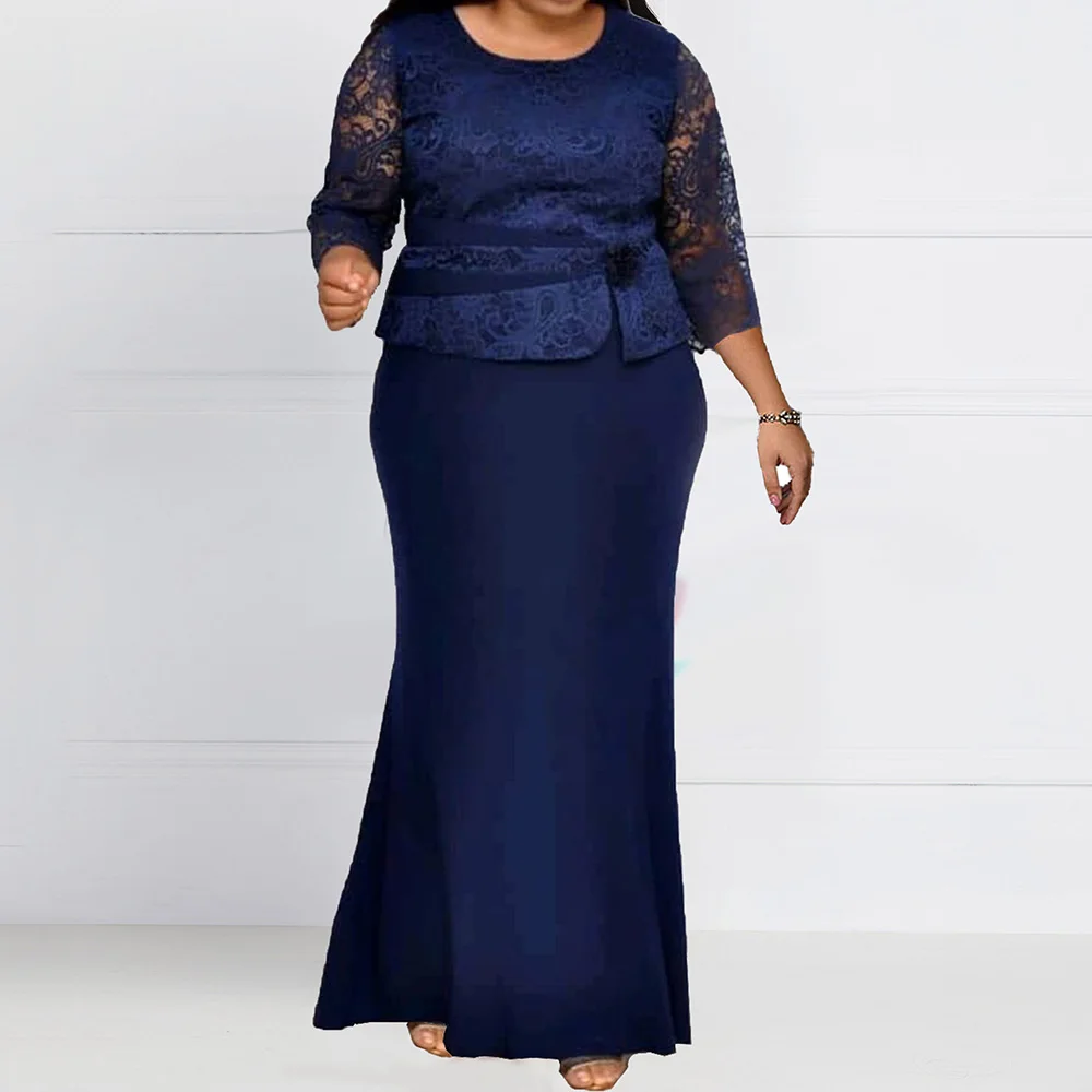 

Vintage Embroidery Lace Patchwork Prom Party Dress Plus Size African Women Elegant Long Dress Ladies Maxi Retro Office Dress