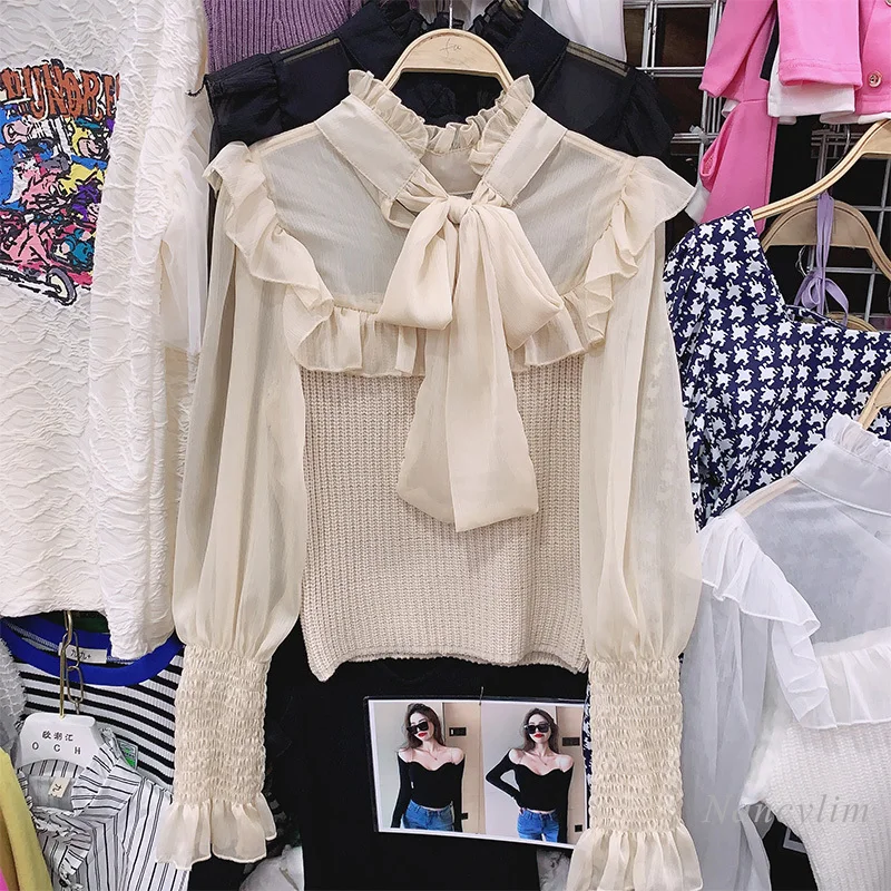 

Ruffled Bow Splicing Knitwear Shirt Women's 2021 Spring Autumn New Slimming Chiffon Blouse Lady Chic Top