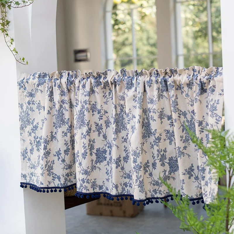 Rod Pocket Processing Small Curtain with Hair Ball Vintage Blue Floral Print Short Door curtain Kitchen Half-curtain for Cabinet