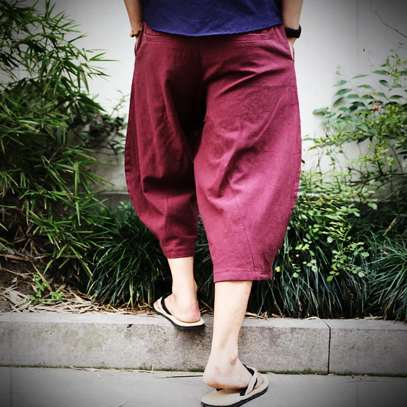 Wide Leg Pants Men Cotton Linen Baggy Hip Hop Bloomers Calf-Length