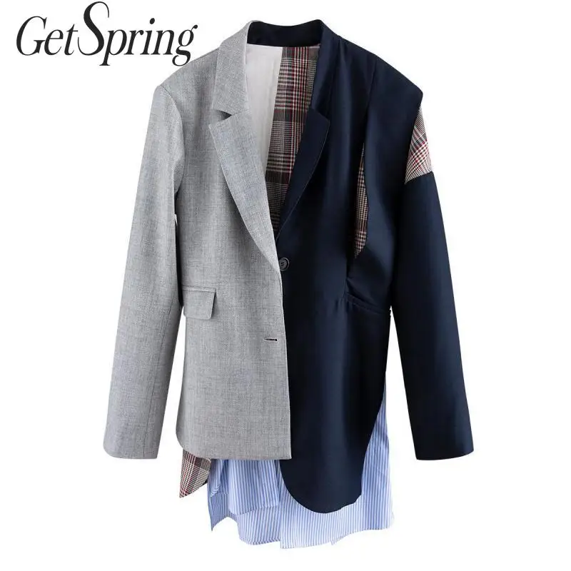 GetSpring Женский блейзер лоскутный с длинным рукавом пальто Асимметричный костюм