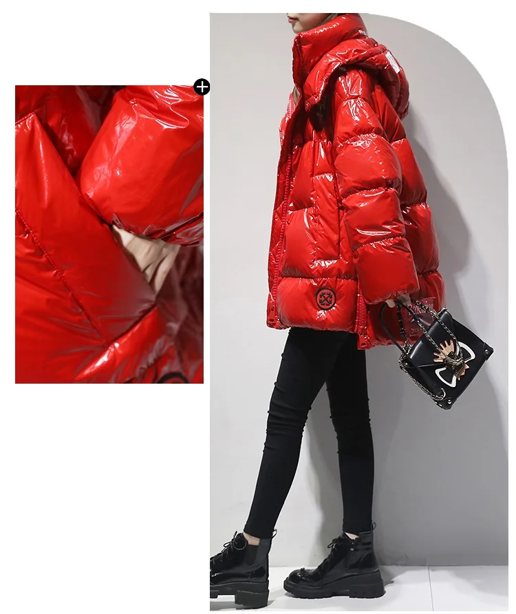 High quality Glossy Down Parkas Coat Winter Jacket Womens Warm Hooded Down Jacket Red/Black Glossy Winter White Duck Down Coats