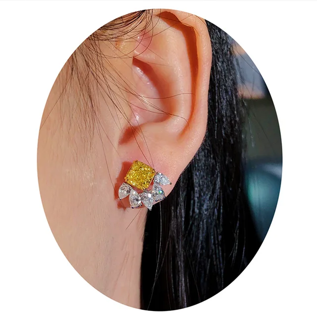 Huitan Noble Yellow Cubic Zirconia Stud Earrings for Women Fashion Style Ear Piercing Accessories Dance Party Delicate Jewelry 3