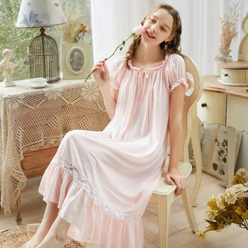 

Women Lace Sleepwear Bride Long Nightgowns Female Sweet Princess Sleeping Home Dress Lady Lace Sexy Nightdress Sleepwear T634