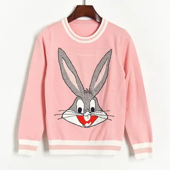 

Cute Women Sweaters and Pullovers 2020 New Cartoon Rabbit Jacquard Knit Pullover O-neck Long Sleeve Thin Sweater Spring Tops