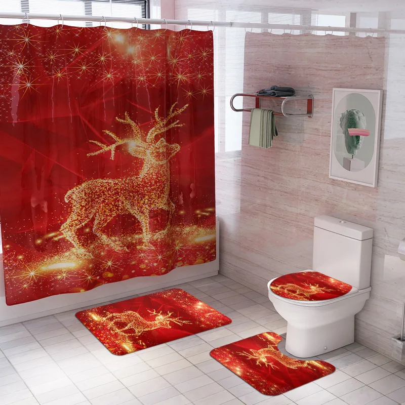 Zeegle Рождественский набор ковриков для ванной, Декор, нескользящий коврик для туалета, подставка для коврика, крышка для унитаза, водонепроницаемая занавеска для душа - Цвет: YL228 and SDS57