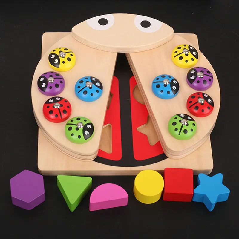 Kids Multi Function Fishing Game Ladybug Shape Building Blocks Wooden Ladybird Model