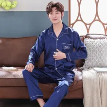 Men's Stain Silk Pajama Set Long T-shirt & Long Pants Elastic Waist Men Pajamas Fit All Season Leisure Home Clothes