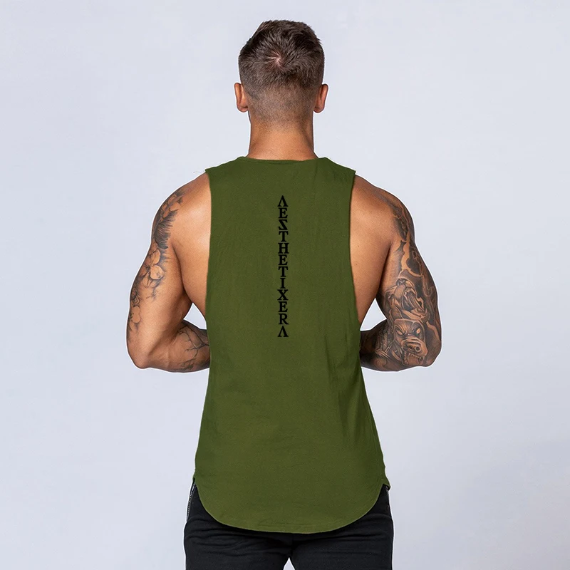 Форма для гимнастики мышцы без рукавов спортивная одежда рубашка Стрингер модная одежда майки для бодибилдинга Хлопок Фитнес Мужская майка - Цвет: Армейский зеленый