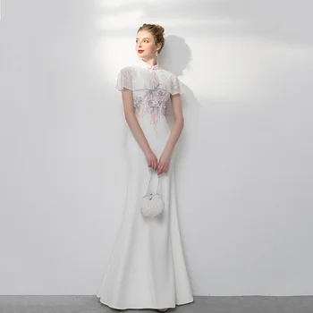 

Elegant White Mermaid Qipao Formal Party Dress Exquisite Embroidery Lady Wedding Dress Classic Slim Robe De Soiree Vestidos