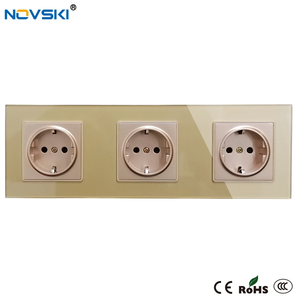 Crystal Glass Panel Electrical Socket Triple German Plug Grounded, 16A EU Standard Quadruple Power Socket, 15 Years Warranty
