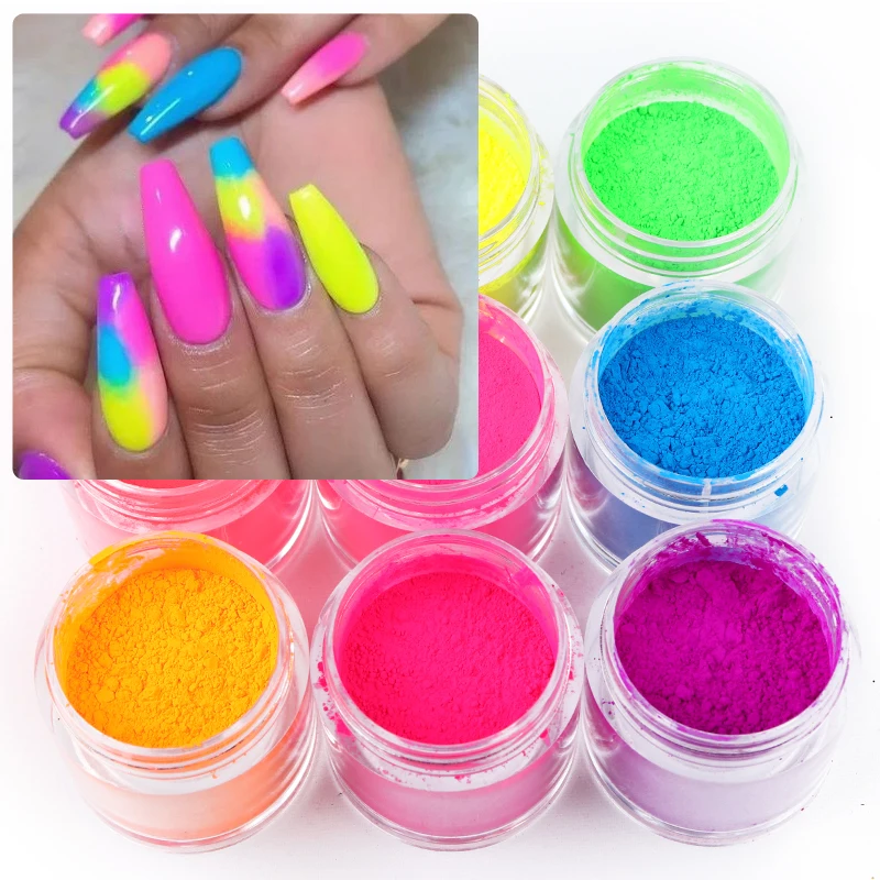 9 Colors/set Neon Pigment Powder Fluorescence Nail Glitter Summer Shinny Dust Ombre DIY Gel Manicure 3D Nail Art Decorations Kit