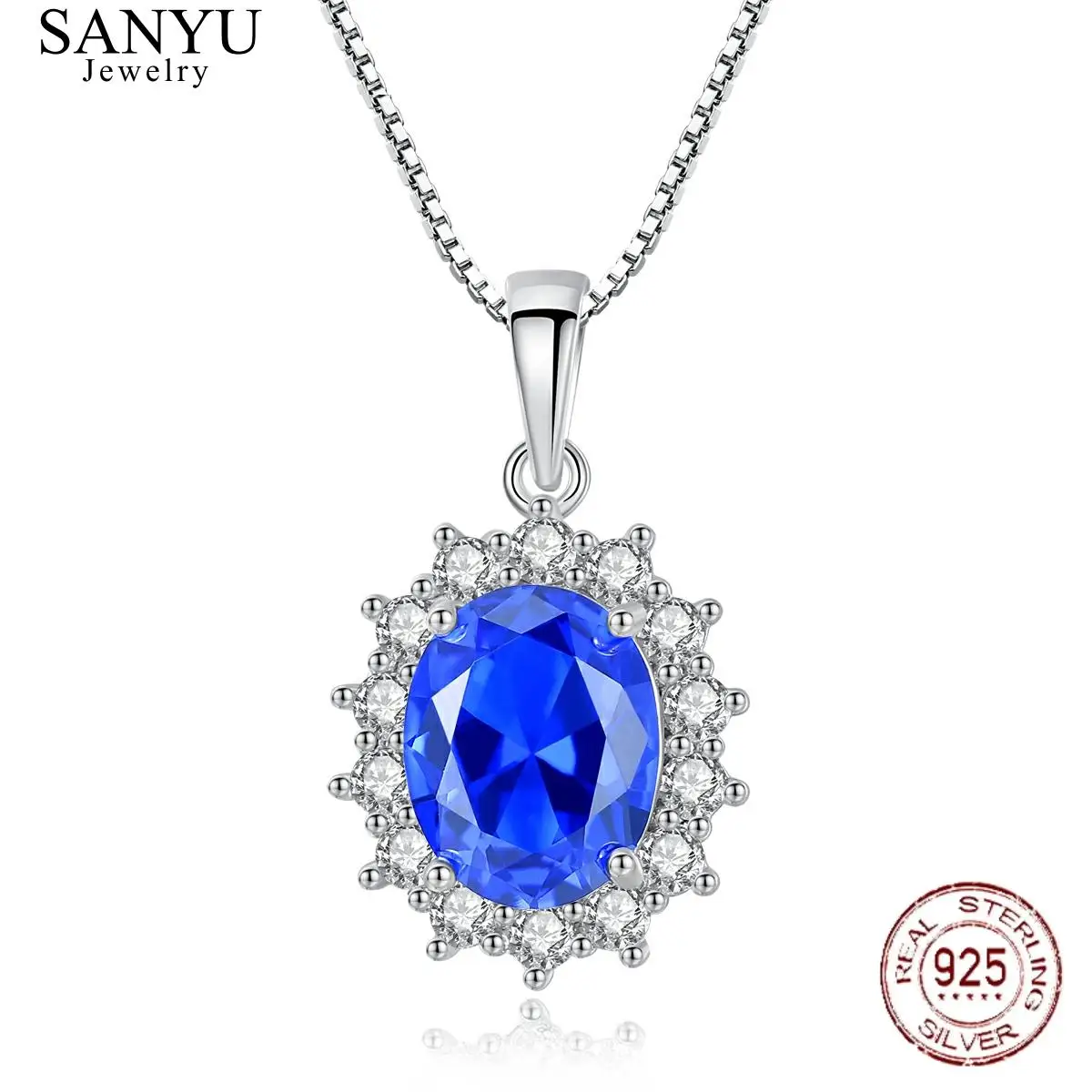 

SANYU Elegant Oval Sapphire Pendant Necklace for Women Princess Diana William 100% 925 Sterling Silver Charms Necklace Jewelry