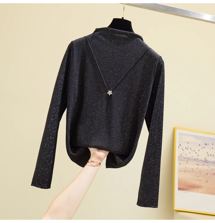 Plus Size Bright Silk Tops Tee Shirts Women 2020 Autumn Trendy Turtleneck Long Sleeve Office Lady Basic T-shirts Oversize Tshirt