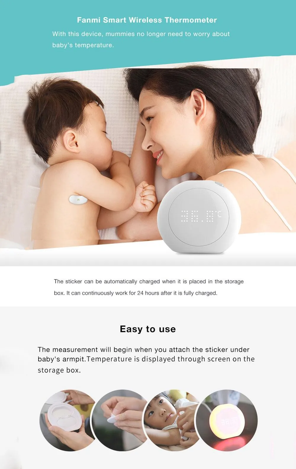 Xiaomi фанми FL-BFM001 24 часа в сутки интеллигентая(ый) Детский термометр носимых оповещения Цифровой точный Умные Термометры для младенцев